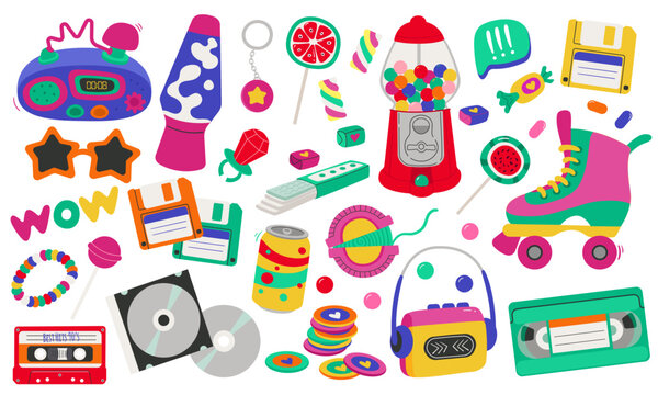 Bright colorful collection of retro 1990s objects in flat style. Vector set with audio cassette tape, floppy disks, roller skate, sweets, music gadgets and nostalgic elements