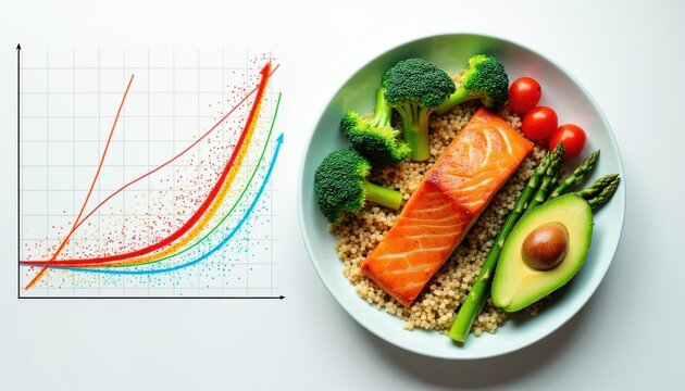 Plate with healthy salmon, couscous, broccoli, avocado, asparagus, tomatoes. Graphic shows upward trending data points and lines. Diet plan for health.