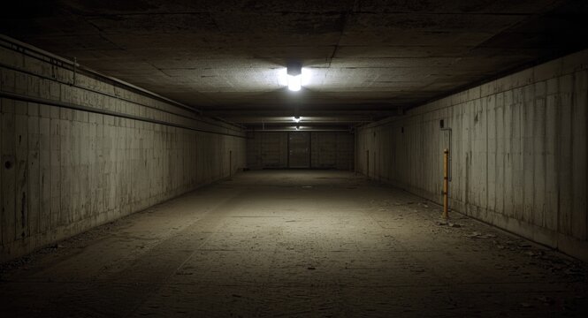 Interior view of an empty underground concrete fallout shelter beneath a residential building