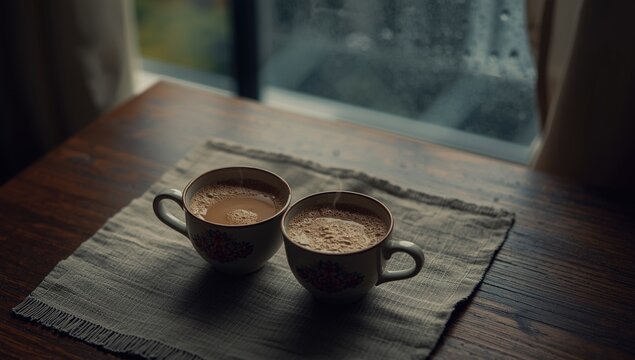 Pair enjoying a warm chai break together in rainy conditions