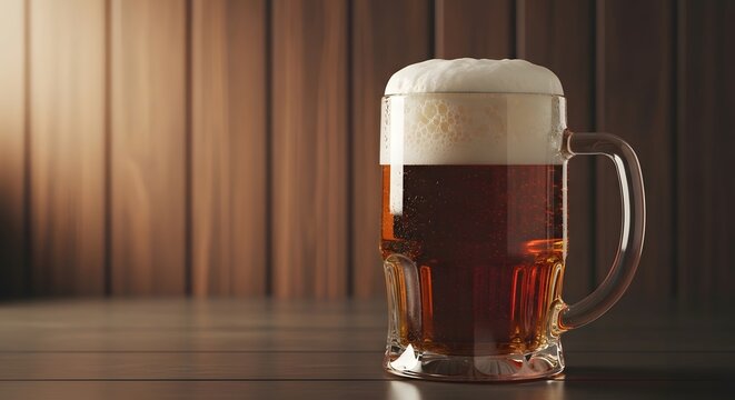 Cold mug of dark beer with foam on wooden table