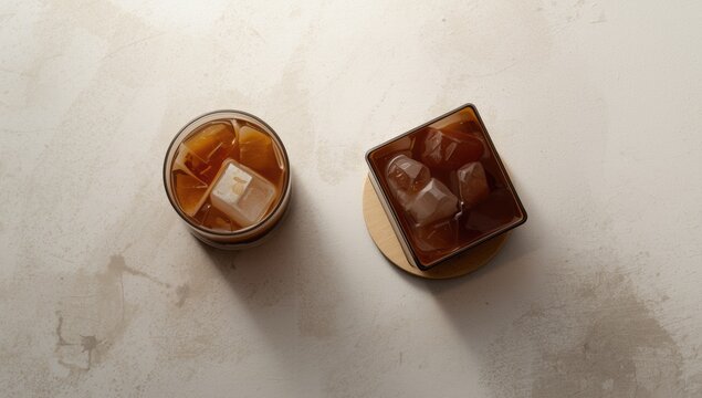 Stylized iced coffee cendol with coaster portrayed in clean vector graphics