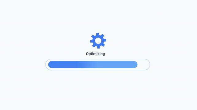 Animated progress bar with optimization status indicator and gear icon on a clean interface. Ideal for system optimization, performance enhancement, software maintenance, workflow automation, and tech