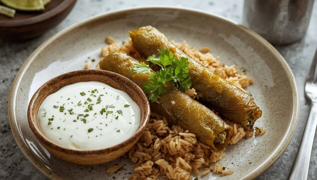 Rice and herb stuffed grape leaves served with a cool yogurt sauce