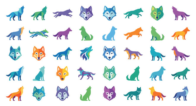 Colorful Geometric Wolf Illustrations Collection Flat Vector Design