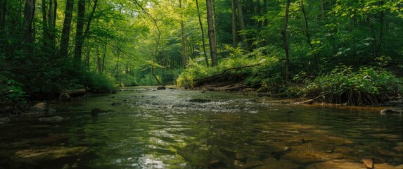 Fototapeta premium Gentle stream moving quietly through a vibrant green forest full of towering tree covers and dense undergrowth