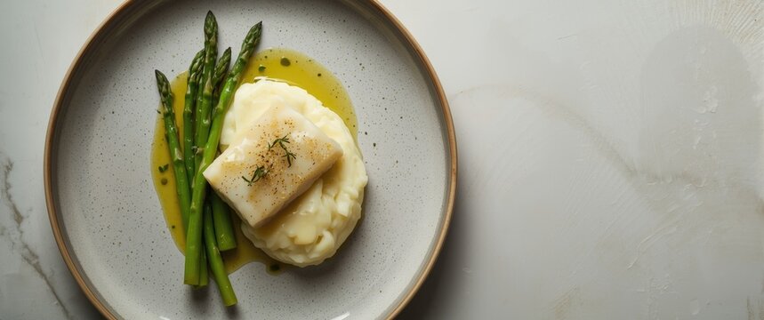 Overhead perspective of skrei cod filet served with green asparagus tips and creamy mashed potatoes in a parmesan olive oil sauce on a contemporary dish with copy space