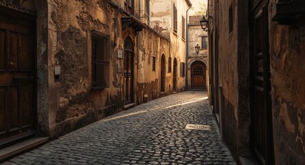 Obraz premium Rustic cobblestone alley with textured walls under soft ambient lighting