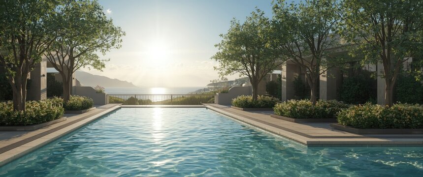 Sunlit terrace swimming pool adjacent to lush garden area