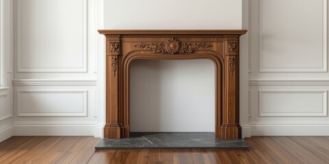 Obraz premium Vintage Victorian style wooden fireplace surround adorned with complex carvings set on flawless white walls with polished wooden floor