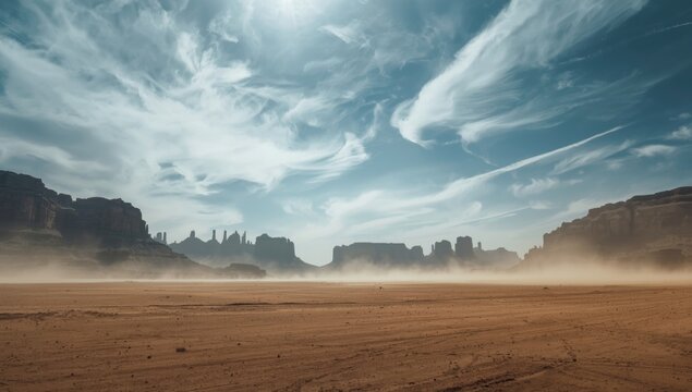 Open desert area featuring tall mountain backdrops and dust whirlwinds beneath a sky full of clouds