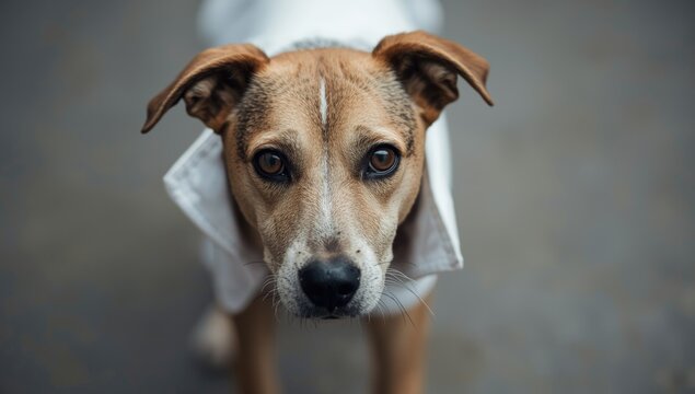 Stray dog wearing white coat moving close to camera showing eye issue with empty copy space