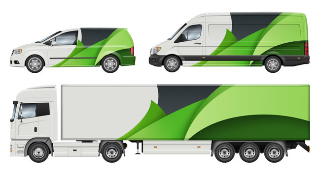 Vehicle branding mockup template with abstract green and dark grey geometric wrap design for corporate identity concept