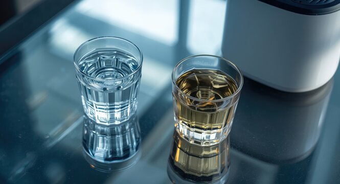Home water purification system showing filtered and contaminated water comparison on table