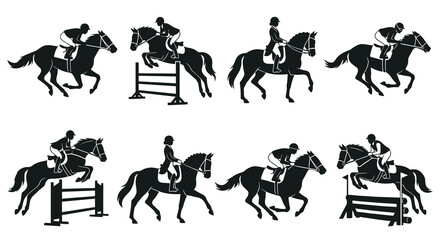 Fototapeta premium Equestrian silhouettes depicting show jumping horses and riders black vector illustration