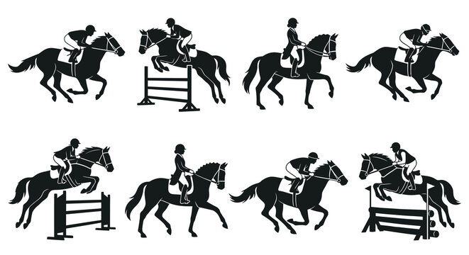 Equestrian silhouettes depicting show jumping horses and riders black vector illustration
