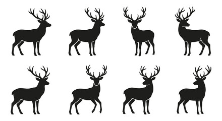 Fototapeta premium Black Silhouette Collection Of Eight Deer Illustrations