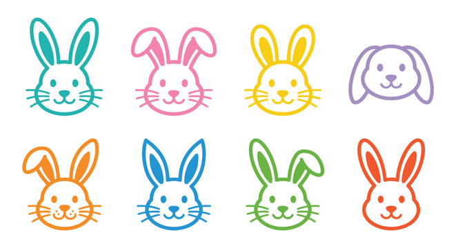 Colorful Rabbit And Dog Face Line Icons Set On White Background
