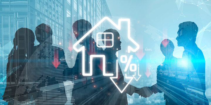 Abstract representation of housing market dynamics with silhouettes of business professionals and a declining percentage symbol in a modern cityscape background Sigmoid