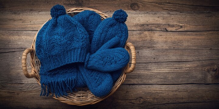 Winter apparel set with blue scarf mittens and hat knitwork in basket on rough wooden plank