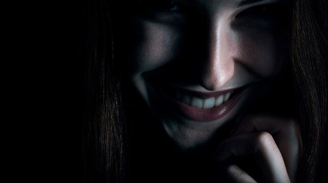 Darkness frames a woman's smile