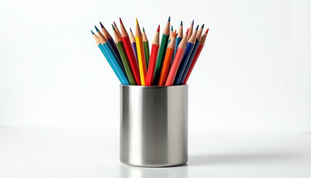 Metal cup holds many colored pencils. Stationery items in a holder. Creativity tools on white background. Art supplies for drawing and writing. Education and office concept.
