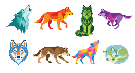 Naklejka premium Geometric Wolves Collection Colorful Vector Illustration On White Background
