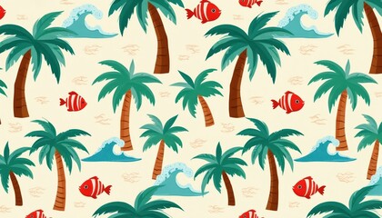Fototapeta premium Palm trees sway near ocean waves and red striped fish swim. This bright tropical pattern evokes vacation vibes and island paradise. Perfect for summer themes.