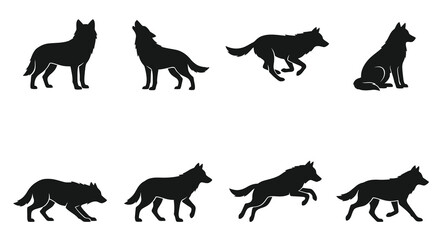 Fototapeta premium Wolf silhouettes in various poses black on white background