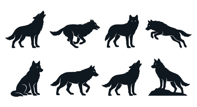 Wolf Silhouettes Collection Black Shapes On A White Background