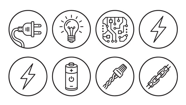 Electrical engineering and power utility outline icons with electrical engineering electric technology industry connection lightning electronics maintenance technical monochrome minimalist