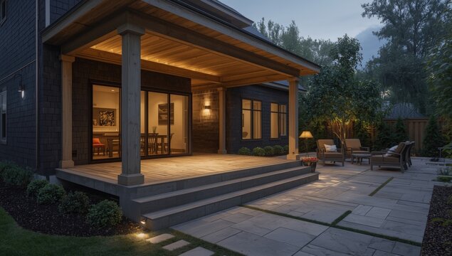 Renovation project with concrete deck and wraparound courtyard patio