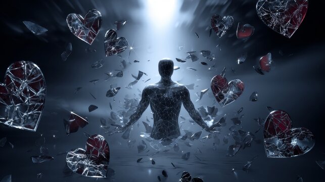 Silhouetted figure stands amid shattered glass hearts