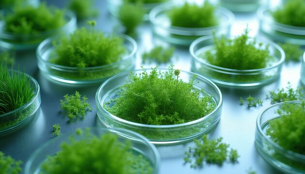 Green microalgae grow in petri dishes. Scientists study algae for biofuel production and biomass research. Lab experiment shows tiny plants cultured for science. Nature science study.