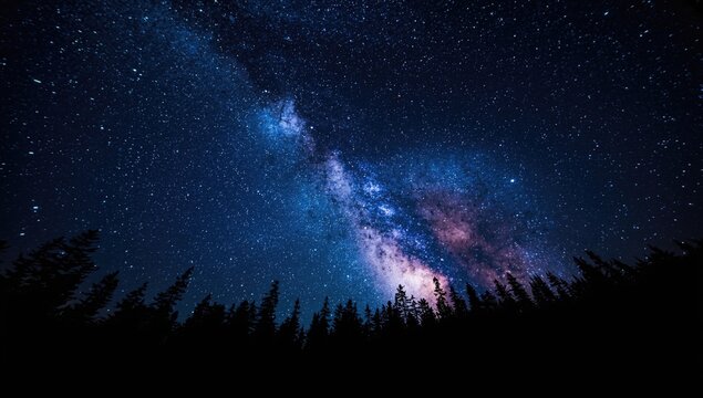 Milky Way galaxy spreading across the sky above dark pine tree shapes at night