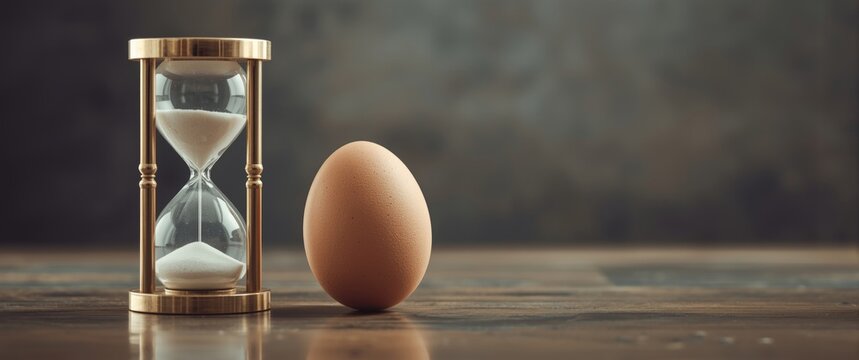 Symbolic hourglass and egg timer resting on wooden surface representing deadline stress