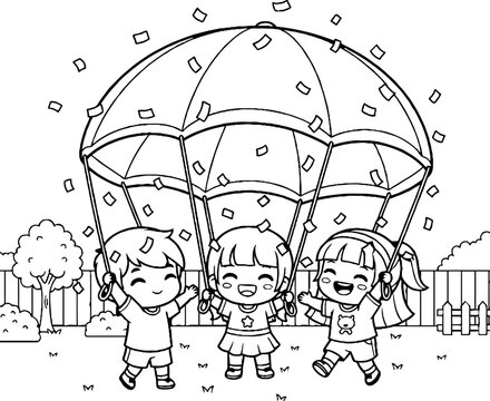 Three Happy Children Playing Under Large Parachute Toy.