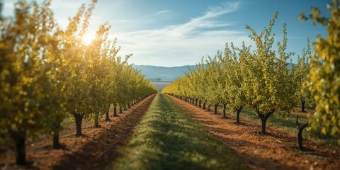 Fototapeta premium Springtime pistachio orchard rows showcasing copy space for text