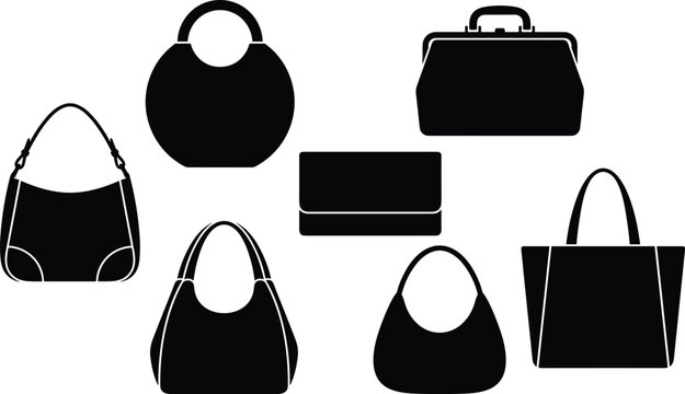 Collection of female handbags black silhouettes including shoulder bag purse tote wallet and briefcase isolated on white background