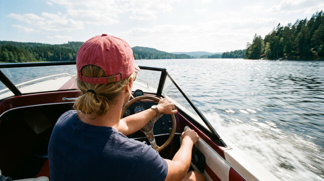 Man wearing red cap driving motorboat on scenic river during sunny day