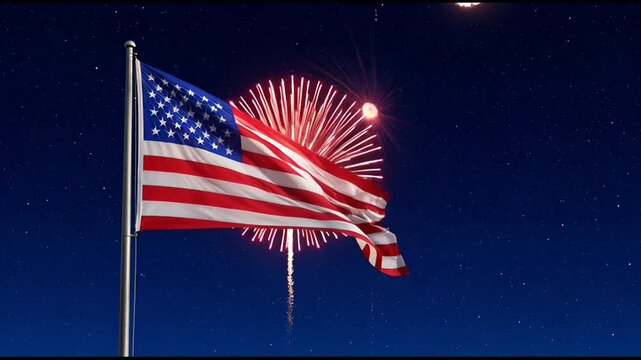American Flag Waves Proudly Against a Starry Night Sky with a Burst of Fireworks Display