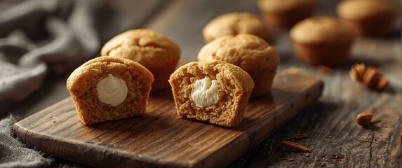 Fototapeta premium Yummy muffin portions showcasing velvety cream center placed atop wooden tabletop