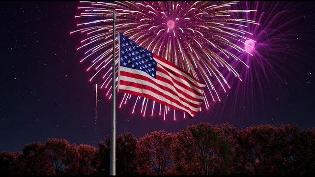 American Flag Waves Proudly at Night During Spectacular Fireworks Display Over Tree
