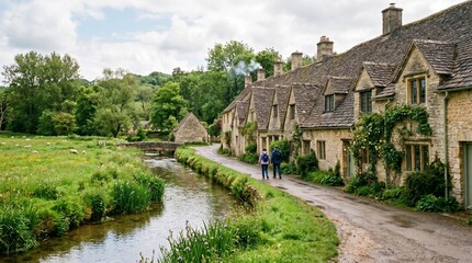Fototapeta premium A picturesque view of Arlington Row in Bibury, Gloucestershire, showing traditional honey-colored stone cottages along a tranquil stream and lush green meadows on a bright English summer day.