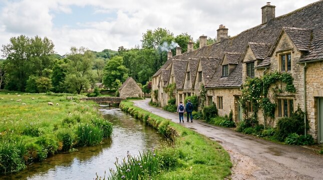 A picturesque view of Arlington Row in Bibury, Gloucestershire, showing traditional honey-colored stone cottages along a tranquil stream and lush green meadows on a bright English summer day.