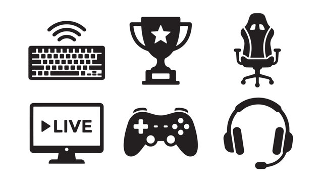 Gaming and e-sports streaming icons set with streaming keyboard controller broadcast tournament competition computer joystick technology entertainment champion microphone interface