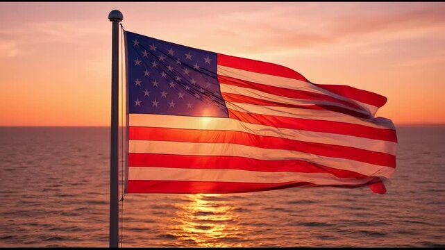 American Flag Waves Proudly Over Calm Ocean at Sunset with Golden Light Reflecting on Water