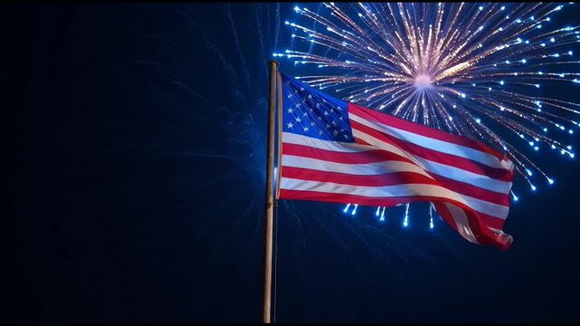 American Flag Waving Against a Dark Sky with a Vibrant Fireworks Display Celebration