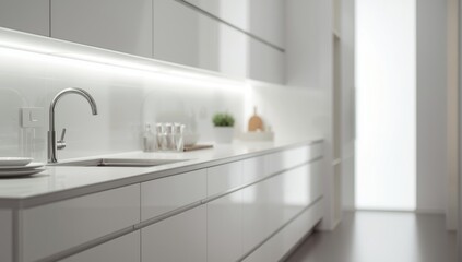 Fototapeta premium Sleek modern white kitchen outfitted with gas shock door fittings for quiet closing