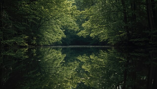 Relaxing river flowing gently between thick forest areas featuring clear mirrored tree images and serene surroundings